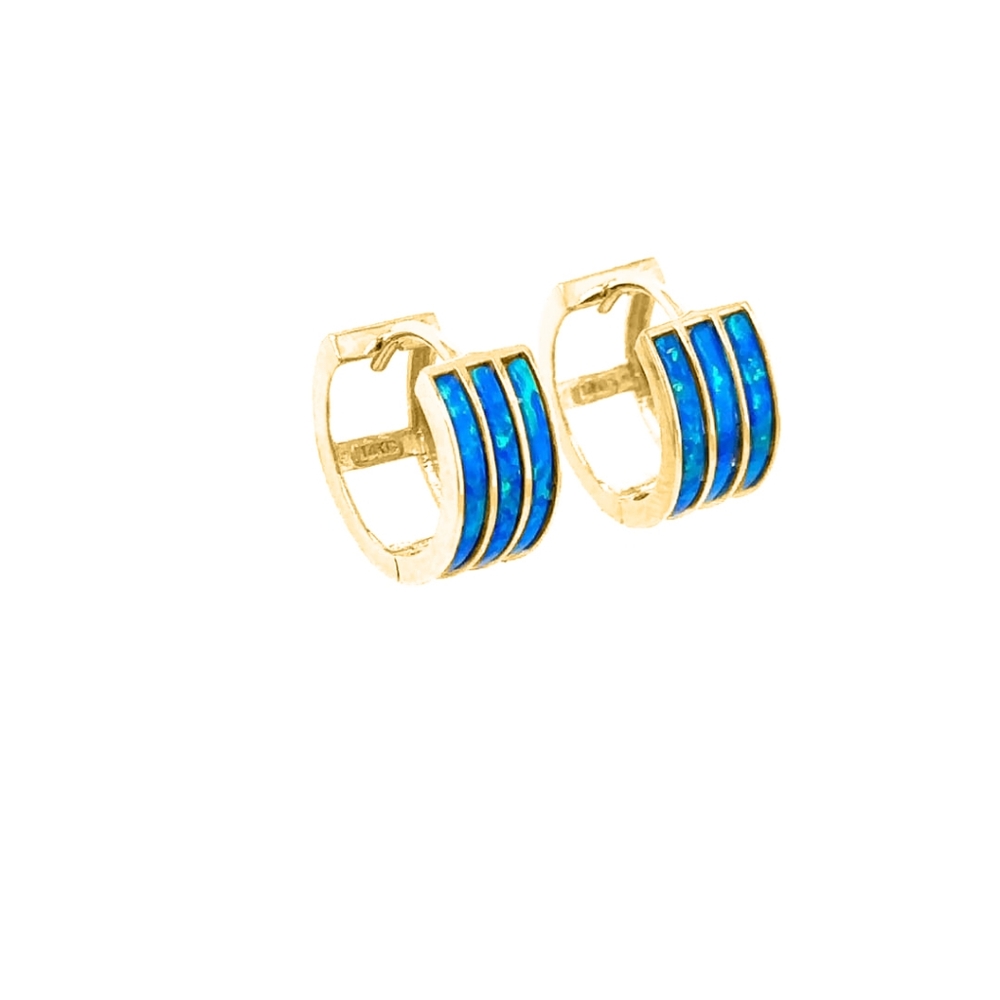 3 Row Blue Opal Hoop Earrings In 14K Yellow Solid Gold